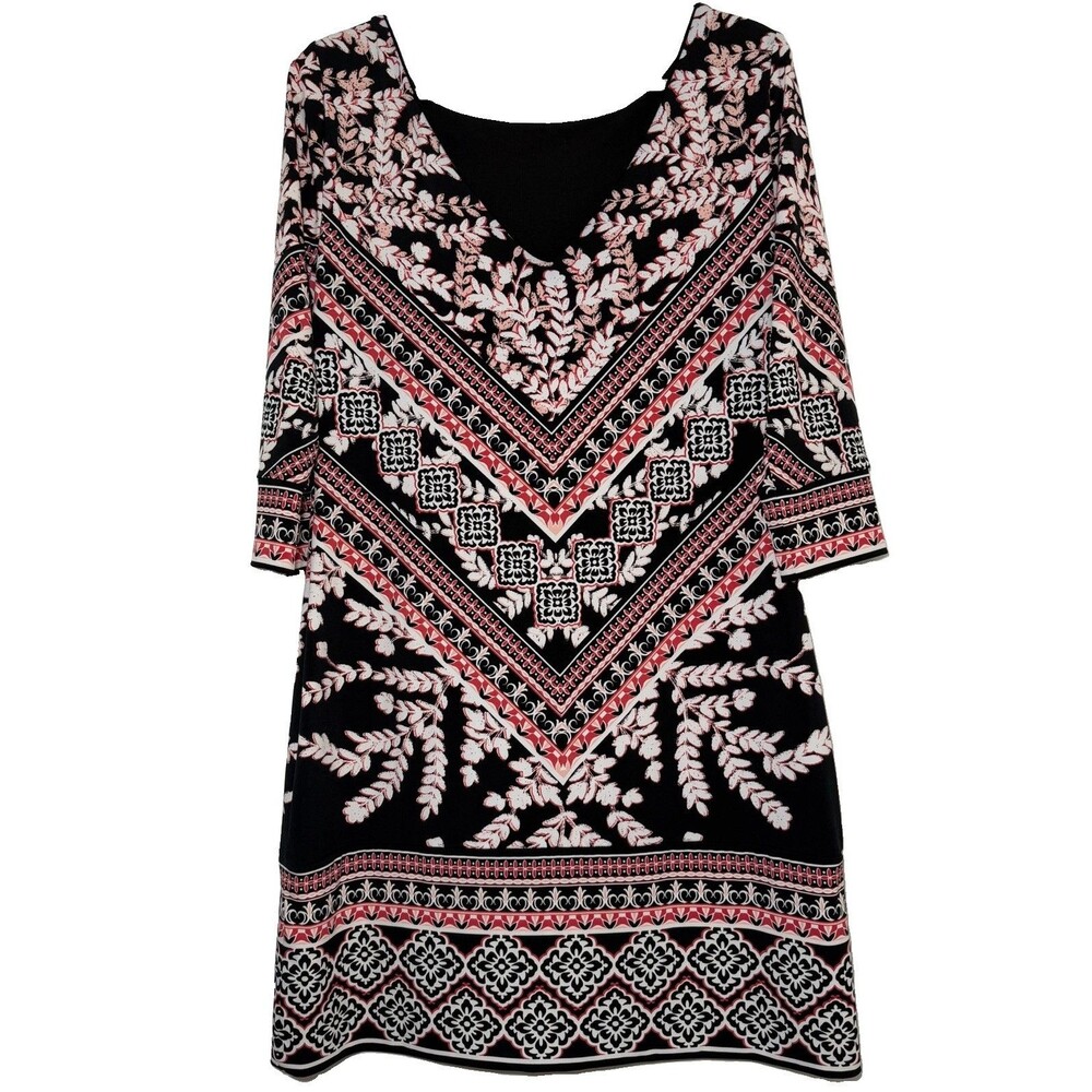 White House Black Market Black Pink Print Sheath Dress 3/4 Sleeve Stretch Lined